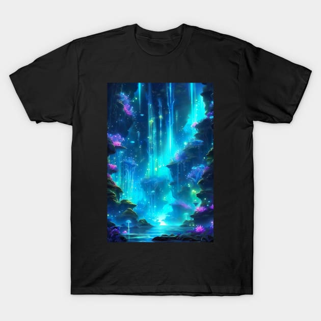 Fantasy bioluminescent  landscape T-Shirt by Spaceboyishere